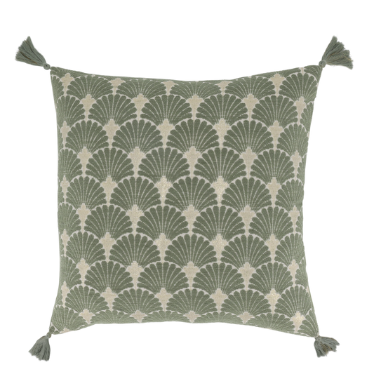 Tyynynpäällinen tupsuilla ja kultaisilla yksityiskohdilla vihreä 50x50cm