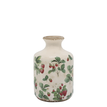 Chic Antique Maljakkopullo mansikoilla 17,5x11 cm kermanvärinen