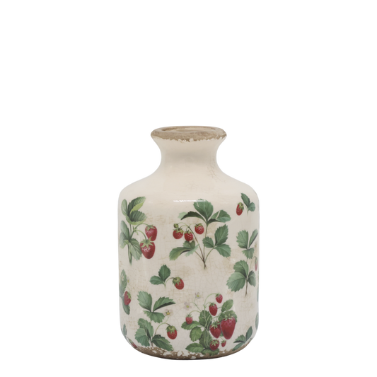 Chic Antique Maljakkopullo mansikoilla 17,5x11 cm kermanvärinen